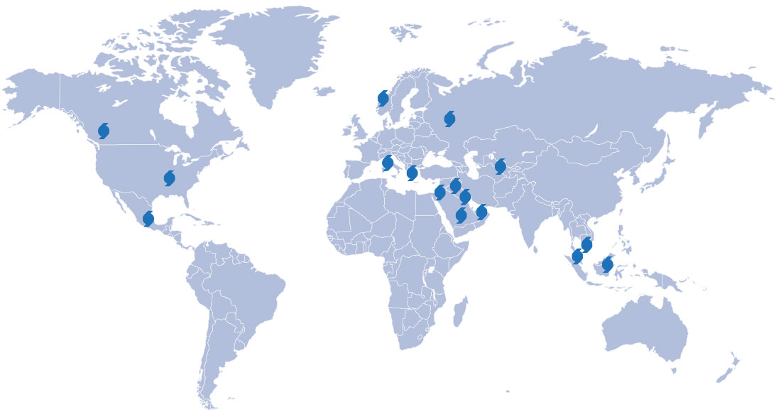 Mappa del mondo con progetti sviluppati per valvole oil and gas e motori elettrici